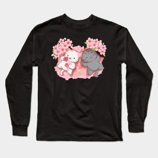 Kawaii Cats under Cherry Blossom Trees Cute Japanese Sakura Long Sleeve T-Shirt